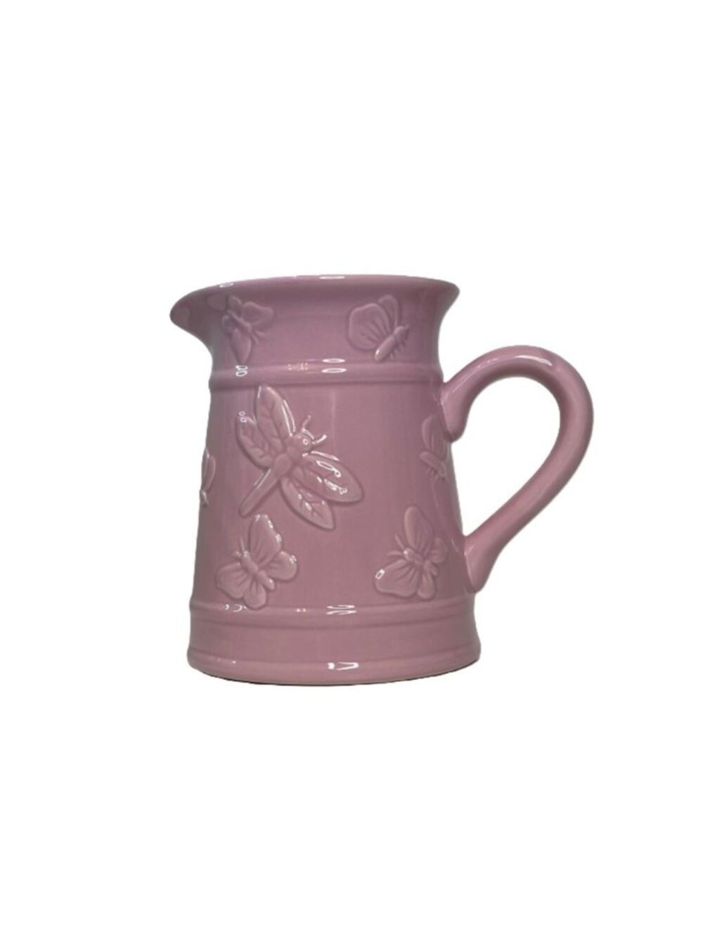 Ceramic Pitcher Vase Purple embossed Butterflies and Dragonflies 6”